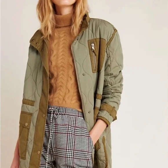 Anthropologie Olive Quilted Long Puffer Coat with Contrast Trim - Picture 2 of 8